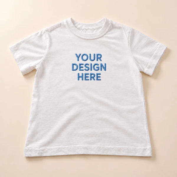 White T-shirt with YOUR DESIGN HERE embroidered in HootStitch blue.